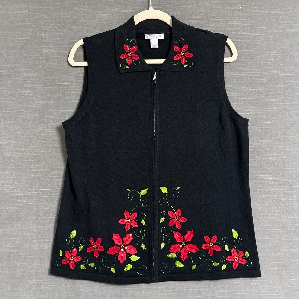 Vintage Mercer Street Sweater‎ Vest L Black Red Christmas Poinsettia Full Zip